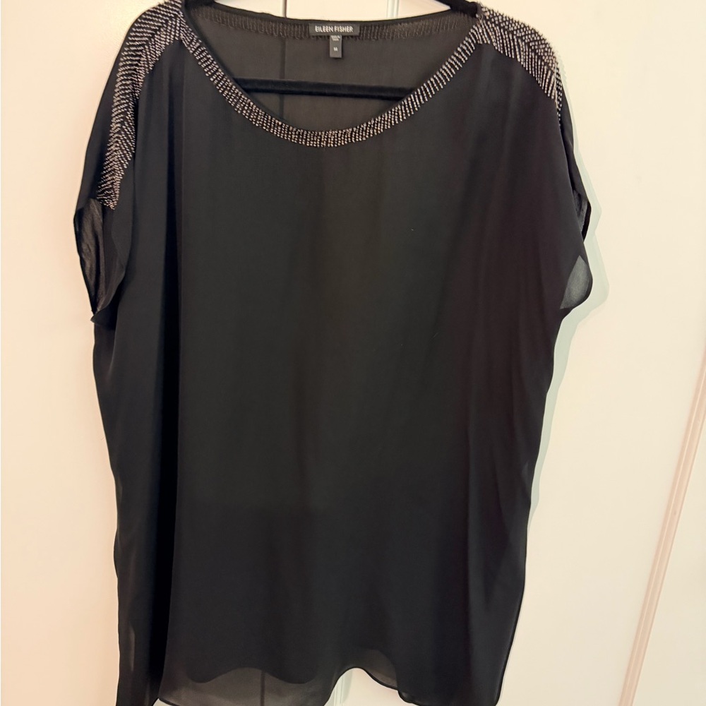 Eileen Fisher Black Blouse with Beaded Shoulders